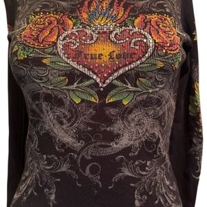 Grunge Graphic Embellished Black Long Sleeve Top by Crystal Wearables Lg